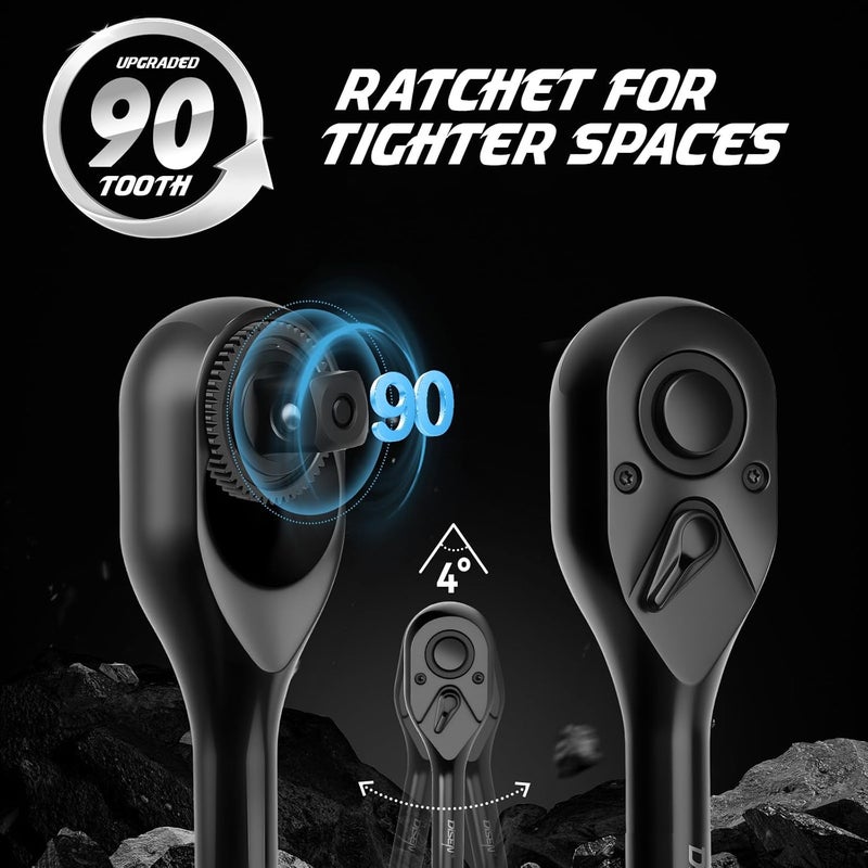 DISEN 3PCS Black Ratchet Set (1/2", 3/8", 1/4" Drive) - 90-Tooth Contour Handle, Black Oxide Finish with Reversible Quick Release & EVA Tray - Industrial Ratchet Wrench Kit - Image 4